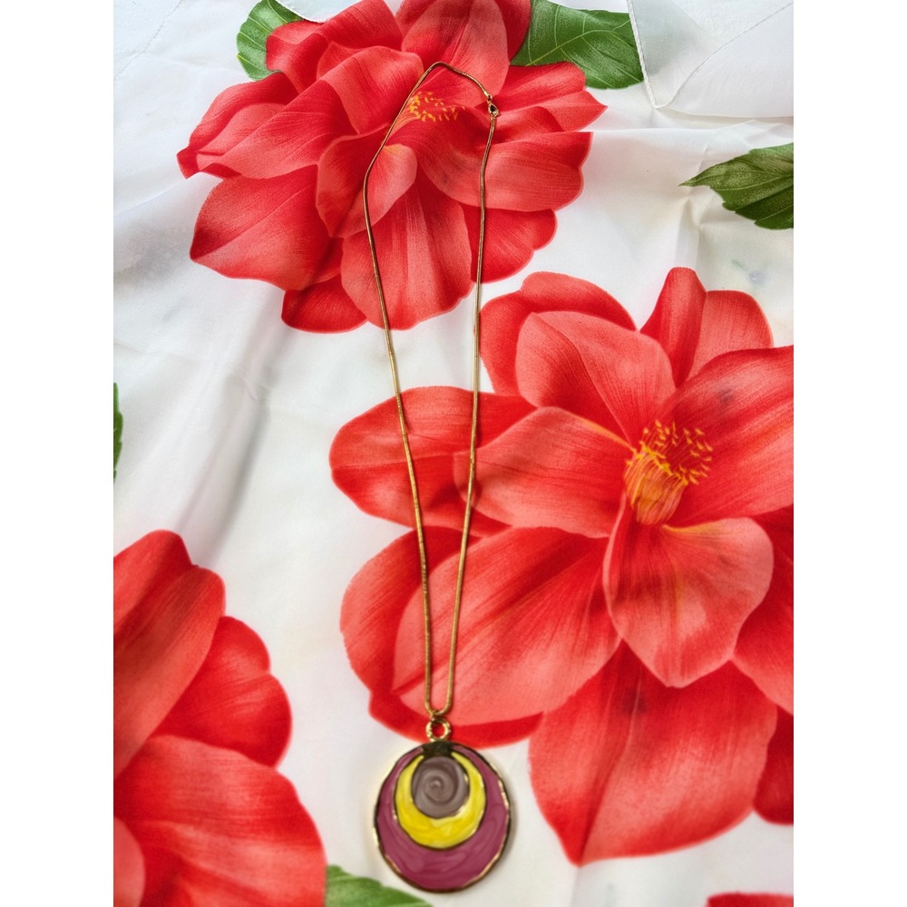 Vintage Enamel Concentric Circle Pendant Gold Tone Snake Chain Necklace 30 Inch - Picture 2 of 7